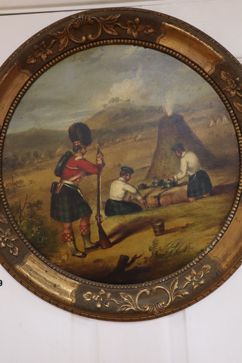 Scottish Victorian School, Highland Regiment field kitchen, oil on board,tondo 39cm
